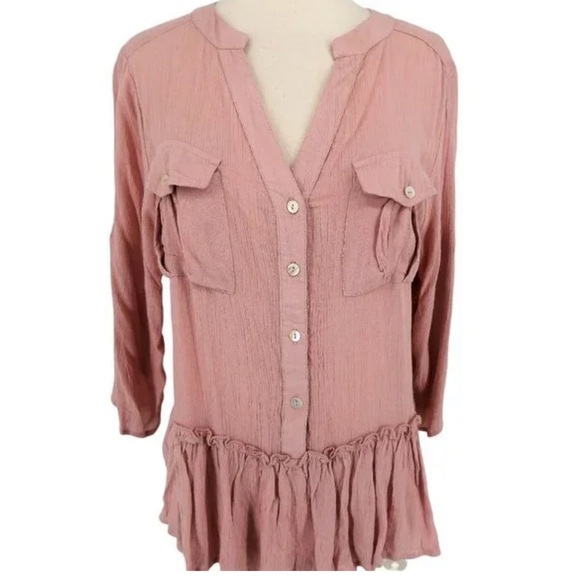 Derek Heart Convertible Sleeve Pink Crinkle Fabric Peplum Top Size Large - Picture 2 of 11